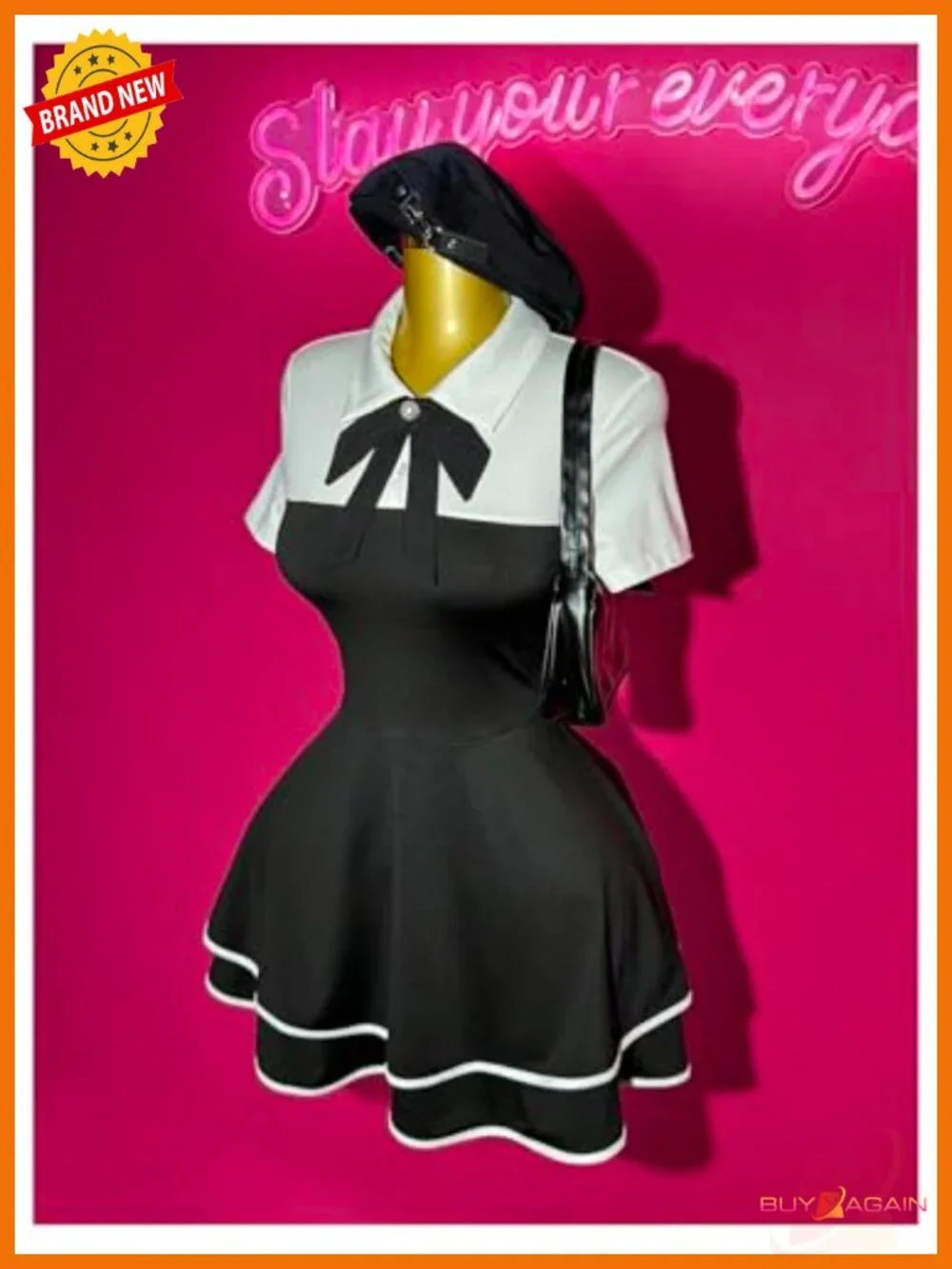 Pearl Tie Ruffle Layered Flowy Preppy Mini Dress Button Front